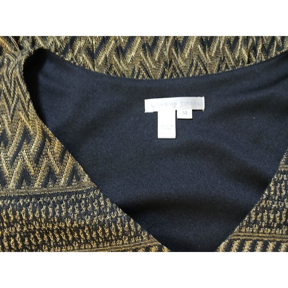 London Times Black Gold V Neck Sleeveless Pleated Dress Size 14 LBD Gatsby Deco - Picture 5 of 13